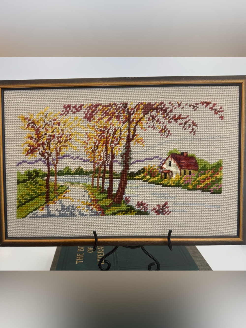 Vintage Framed Needlepoint Cottage Landscape 14x9”